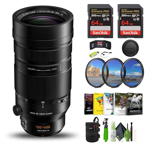 Panasonic Leica DG Vario-Elmar 100-400mm f/4-6.3 II ASPH. Power O.I.S. Lens Bundle with Lens Case + 2X Extreme PRO 64GB Memory Card + Photo, Video, & Art Suite Deluxe and More Accessories