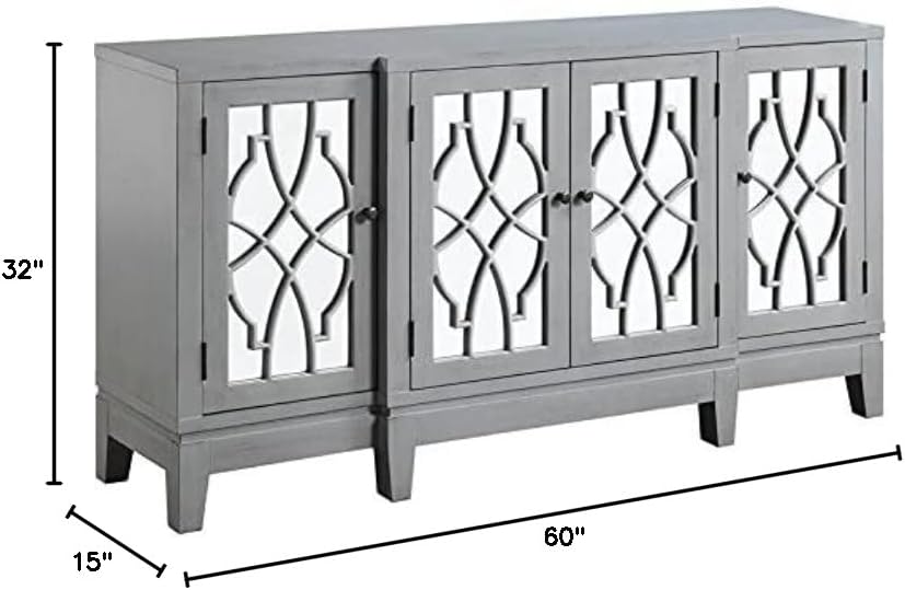 BOWERY HILL Transitional Rectangular Console Table, Antique Gray Finish, Wooden Frame with Tapered Legs, 4 Mirrored Doors, 3 Shelves, 60 in x 15 in x 32 in, Versatile Storage for Living Room or