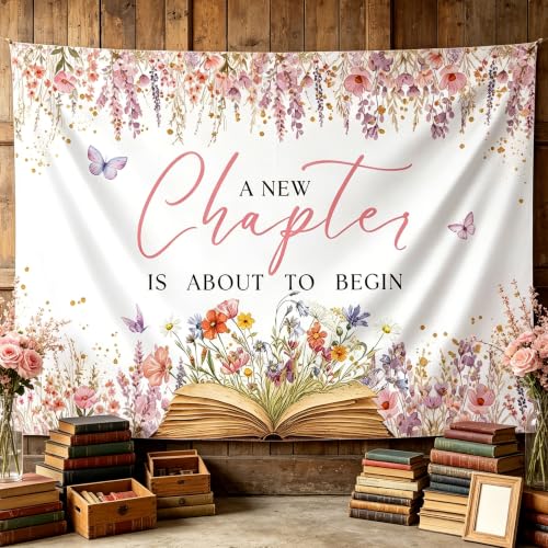 7x5ft A New Chapter Begins Backdrop New Chapter Bridal Shower Decorations by Thirty and Thirsty - Used condition - US$10.12