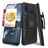TJS Case for Samsung Galaxy A20/Galaxy A30, with [Full Coverage Tempered Glass Screen Protector] Belt Clip Holster Impact Resistant Magnetic Support Hybrid Kickstand Heavy Duty Armor Phone (Black)