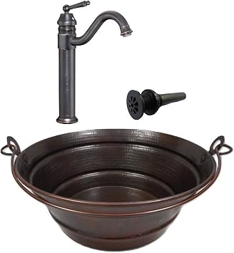15" Round Copper Vessel BUCKET Sink with a 13" Faucet and Daisy Drain by SimplyCopper