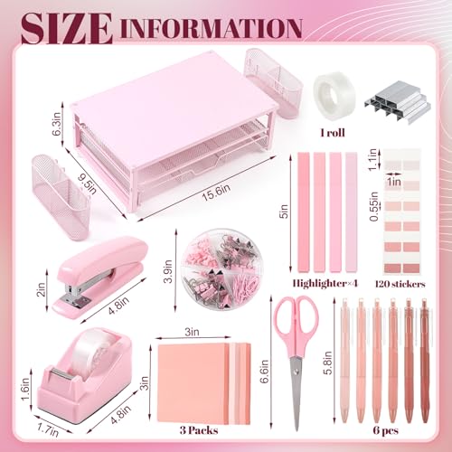 Kosiz 21 Pcs Pink Office Desk Organizers and Accessories Computer Monitor Stand with Drawer Pen Holder Stapler Tape Dispenser Sticky Note Clips Pen Highlighter Scissors Aesthetic Accessories for Woman - Thumbnail 2