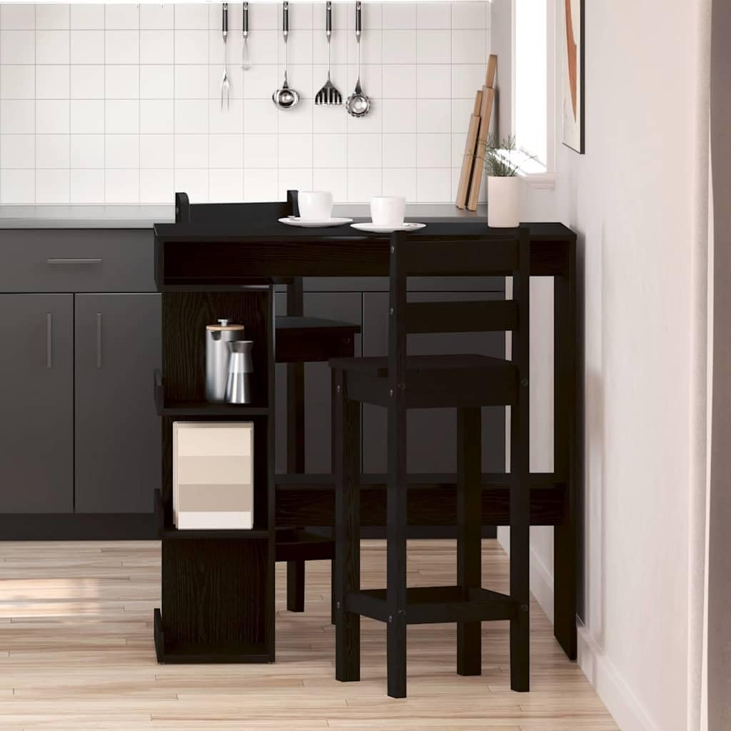 Table de bar noire aspect chêne 100cm avec 4 étagères pour cuisine