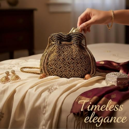 Image of Srajanna Women's Embellished Ethnic Pearl Potli Bag Traditional Handcrafted Evening Clutch for Weddings & Festive Occasions