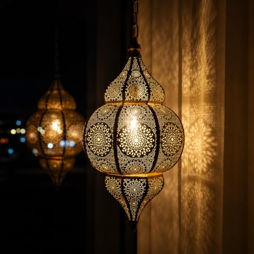 Image of Gold Vintage Moroccan Hanging Lantern | 20 Inch Ceiling Pendant Chandelier Lamp for Home Decor | Antique Golden Finish Indoor Outdoor Decorative Lighting Fixture | Pack of 1