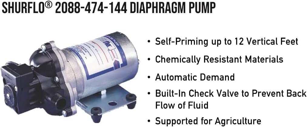 Shurflo 2088-474-144 Auto Demand Diaphragm Sprayer Pump, 3.0 GPM, Back-Flow Preventive Valve and Self-Priming, Chemically Resistant Materials, 45-PSI, 12VDC, 1/2"-14 NPSM Port