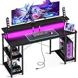 AODK ゲーミングデスク パソコンデスク コンセント&LED付き 机 pcデスク 幅140cm 両側ラック&モニター台付き 勉強机 ゲームデスク computer desk ワークデスク オフィスデスク 長机 左右入れ替え対応 ブラック