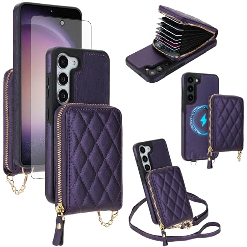 Coque Samsung S23 5G avec protège-écran et porte-carte Asuwish violet foncé