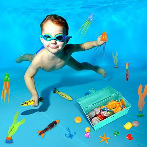 Finguard 58Pcs Pool Toys, Diving Toys, Kids Swimming Pool Toys With Pool Torpedoes, Diving Gems, Pool Treasure Chest, Diamonds, Seaweeds, Pirate Treasures, Octopus, Swim Toys For Kids 3-10 (Blue) #TOP2