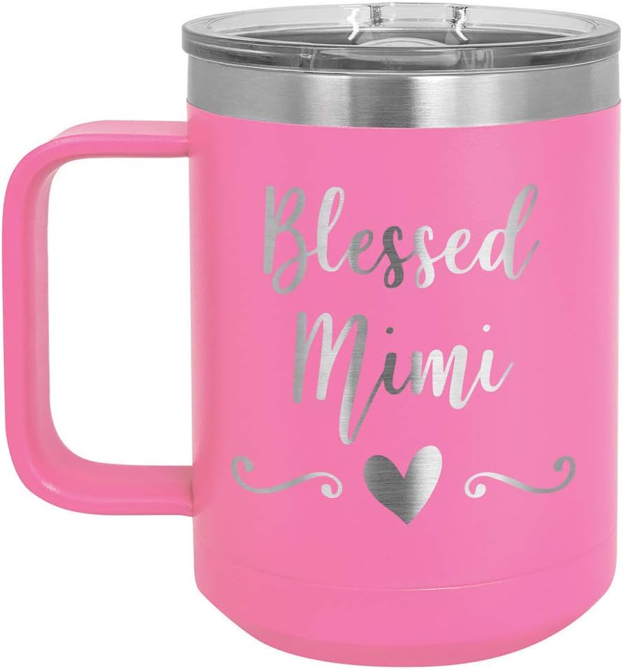 BLESSED MIMI White 15 oz Coffee Cup w/Slide Top Lid | Insulated Travel Coffee Mug | Birthday Or Christmas Gift Ideas From Women or Men | Compare To Yeti Rambler | ONLYGIFTS.COM