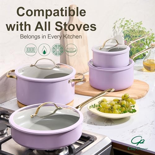 Chef Power Ceramic Cookware Sets, 10Pcs Pots and Pans Set Non Stick, Cookware Set with Stainless Steel Handle, Dishwasher & Oven Safe, Light Purple and Granite Grey - image 5