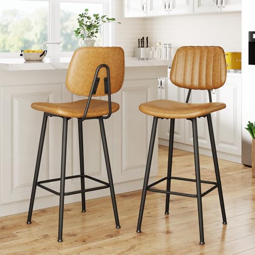 Image of Raynesys 29-Inch Leather Bar Stools Set of 2 with High Backrest, Brown