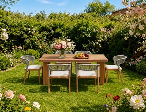 Image of PURPLE LEAF Outdoor Dining Set for 6 with Built-in Cushions Deep Teak