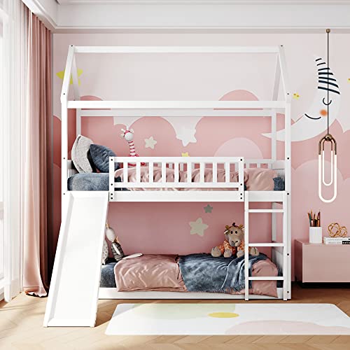 Image of Harper & Bright Designs House Bunk Bed for Kids Toddlers, Twin Over Twin Bunk Beds with Slide, Playhouse Farmhouse Roof Guardrail Ladder, for Girls & Boys (Bunk Bed, White)