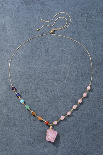 Jovivi Healing Stone Necklaces 7 Chakra Beads Necklace For Women Adjustable 14K Gold Plated Wire Wrapped Raw Rose Quartz Crystal Pendant Necklace Gemstone Jewelry Mothers Day Gift #TOP4