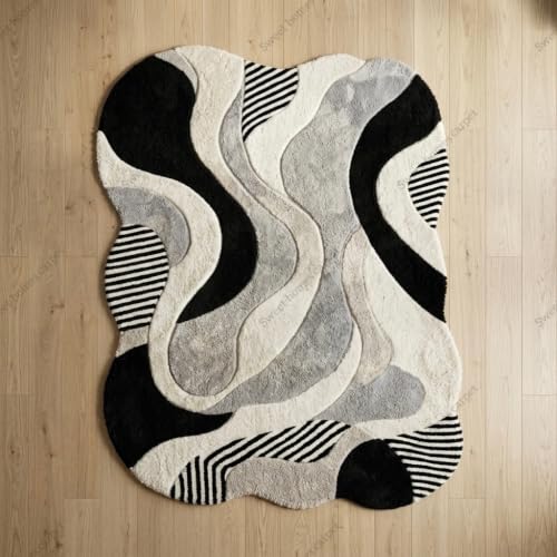 Image of SWEET HOMES Irregular Handwoven Shaggy Fluffy Area Rug | Modern Abstract Plush Carpet for Living Room, 12 x 18 Feet (366 x 549 cm), Black /Grey