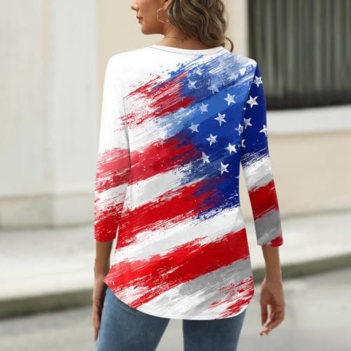 Image of 4th of July Shirts Women 3 /4 Length Sleeve Womens Tops Henley Neck Casual Patriotic T Shirts