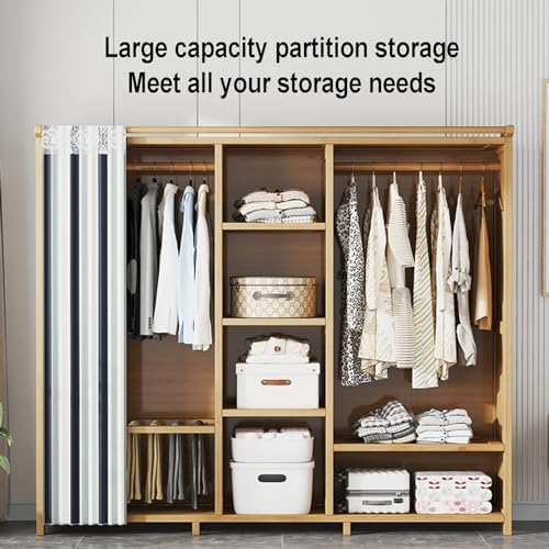 自立式フロアミラーコートラック、オープンワードローブ、竹製コートラック（洋服レールとカーテン付き）、寝室、廊下、リビングエリア用の棚