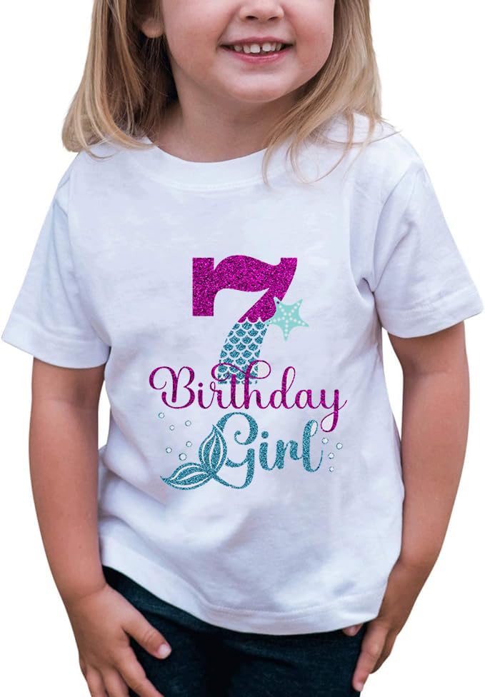 7th Birthday Shirt for Girls, Dress for Girls, T Shirt for 7 Year Old Gift Outfit, Decoration Mermaid Clothes White Style B2