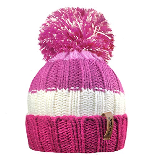 RockJock R80 Kids Girls Boys Ribbed Striped Thermal Insulating Bobble Hat with Cosy Fleece Lining- Pink/Cream