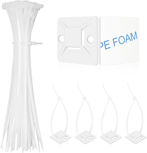 Bolatus 100Pcs Cable Ties + 100Pcs Self Adhesive Cable Tie Base Holders Cable Organizer for Home Office Garage and Workshop150mm x 2.5mm White