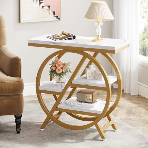 Tribesigns End Table for Living Room, 3-Tier Faux Marble Side Table with Storage, Wood Narrow Sofa Side Table with Geometric Metal Frame, Modern Nightstand and Bedside Table for Bedroom, Gold & White by Tribesigns - Used condition - CA$90.13
