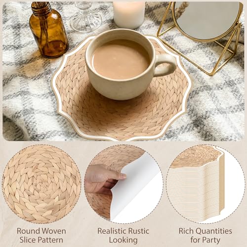 100 Pcs Woven Paper Placemats 13 Inch Scalloped Paper Placemats Disposable Wicker Placemat Wicker Printed Table Mats Braided Rattan Tablemats for Farmhouse Rustic Dinner Table Setting Party Decor by Stuffygreenus - Used condition - Image 3