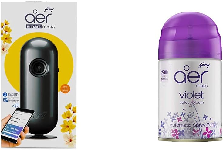 Godrej aer Smart Matic - Bluetooth Enabled Automatic Air Freshener Kit, Alive 225Ml (134G) & Automatic Air Freshener Refill Pack - Violet Valley Bloom, Spray