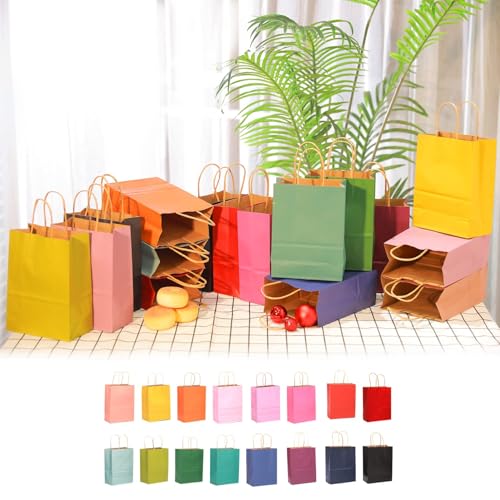 qiqee Medium Size Paper Gift Bags With Handles 10.6\"x8.3\"x4.3\" 16 Solid Colors Party Favor Bags(16-Packs)
