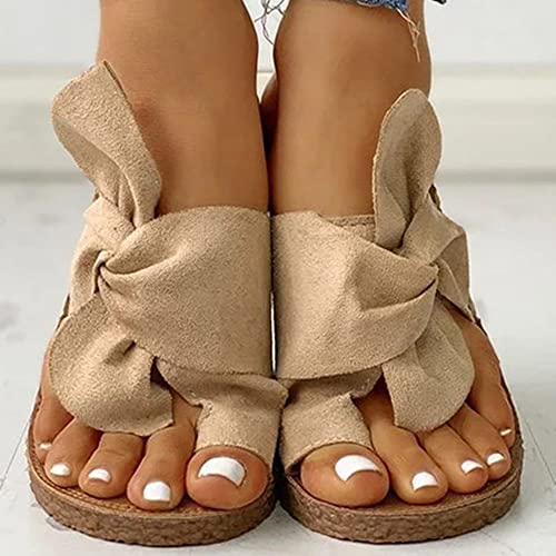 Twist Knot Flat Toe Loop Sandals, Casual Bowknot Toe Ring Platform Sandal, Sandals For Women Dressy (Beige, 7.5-8) #TOP5