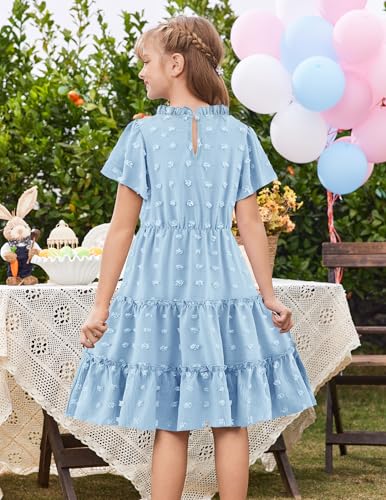 Arshiner Girls 2025 Summer Dresses Pom Poms Flutter Ruffle Sleeve Midi Polka Dot V Neck Dress with Pockets4