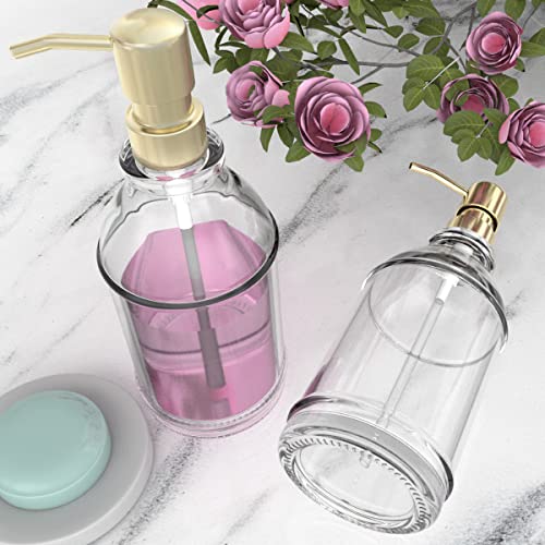 Gladpure Soap Dispenser 2 Pack, Hand Soap Dispensers With 16 Oz Clear Thick Glass Boston Round Bottle, 304 Rust Proof Stainless Steel Pump, 6Pcs Stickers, Kitchen & Bathroom Soap Dispenser- Gold #TOP4