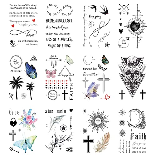 Everjoy Realistic Temporary Tattoos 100+ Designs, 16 Sheets, Inspirational Quotes, Live Laugh Love, Faith, Hope, Breathe, Boho, Butterfly, Heart, Cross, Infinity Tattoos #TOP3
