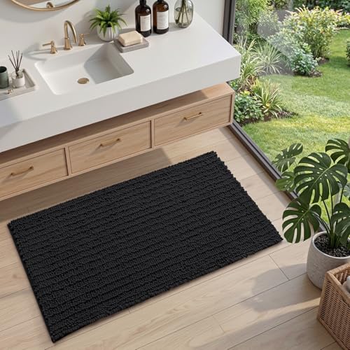 DEXI Bathroom Rugs 24x36, Super Soft Thick Chenille Absorbent Bath Mat, Non Slip Machine Washable Fluffy Shag Bathmat for Tub, Shower Floor, Black by DEXI - Image 4