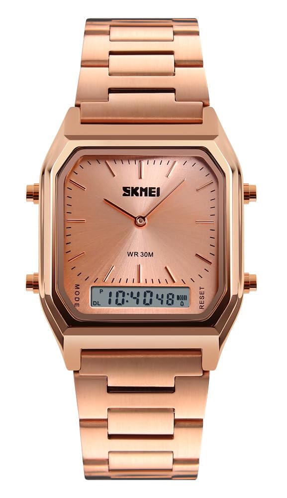 Gosasa women Men Square Multifunction Stopwatch Dual Display Wristwatches Stainless Steel Strap Analog Sports Watches