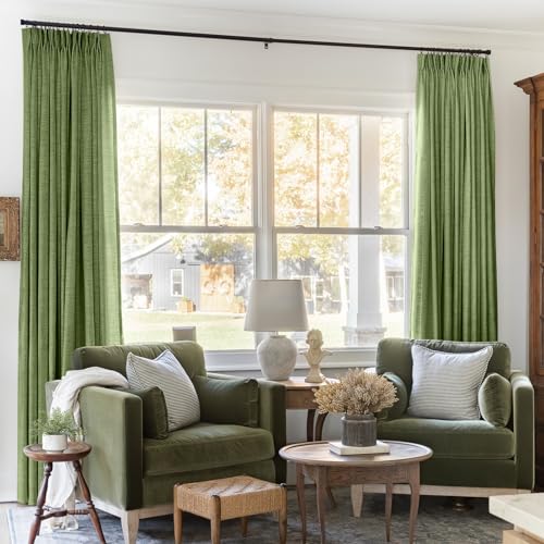 TWOPAGES Pinch Pleated Linen Curtain for Living Room, 52Wx102L, Green