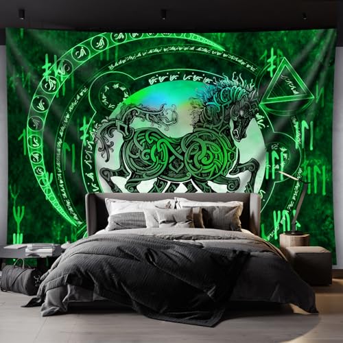 Arsey Tapisserie Noir Lumière UV Tapisseries, Runes Vikings Tapis Mural avec Motif Odin Cheval pour la Fête & Décoration d'Anniversaire, Hippie...