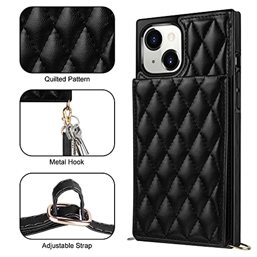 Coolden For Iphone 14 Plus Case Wallet Quilted Leather Women Luxury Phone Cover Crossbody Strap Kickstand Slim Square Armor Card Holder Slots Case For Iphone 14 Plus 6.7" Black #TOP4