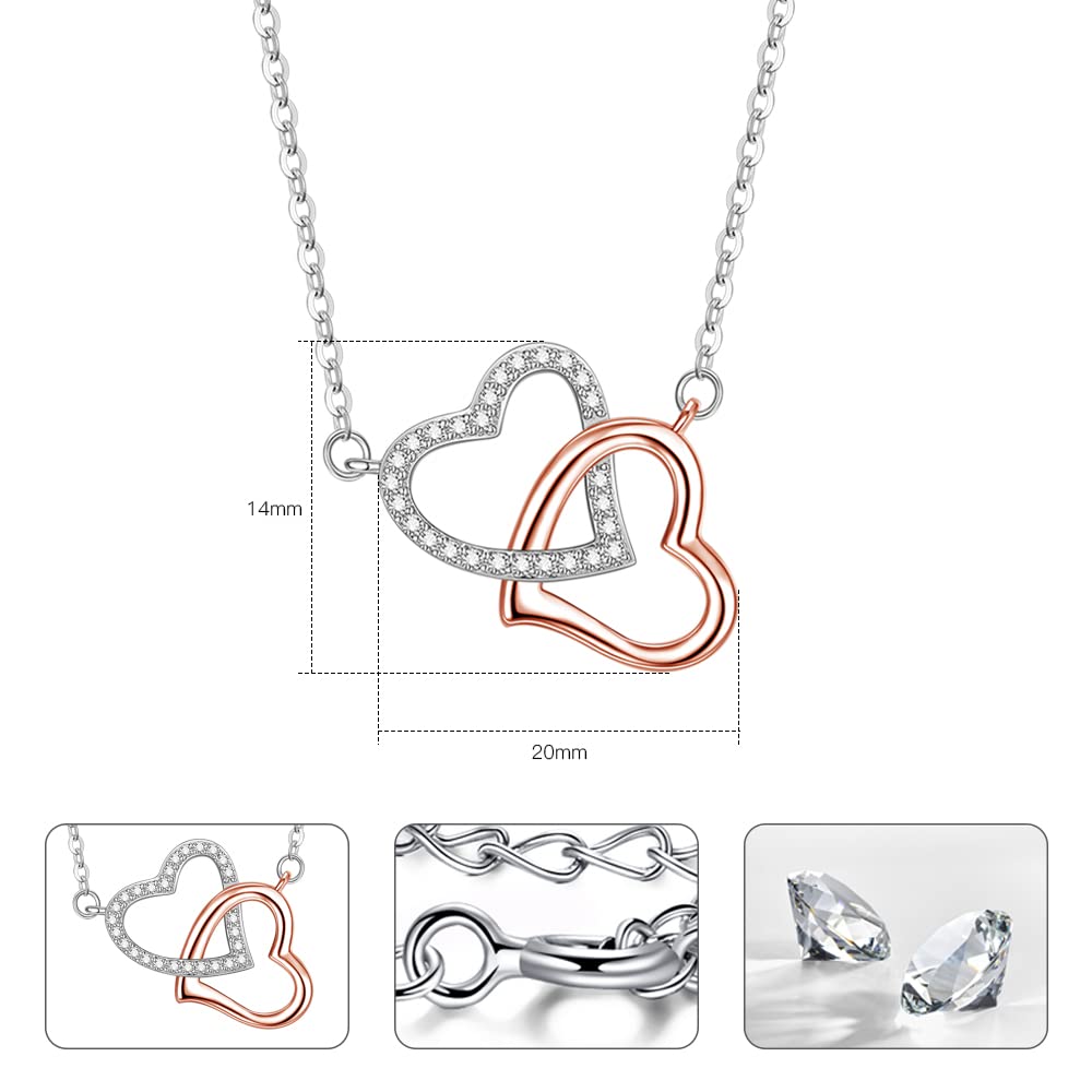 Collar de las Señoras de Plata Esterlina 925 Corazones Entrelazados Collar de las Señoras Colgante Para las Niñas las Mujeres con Caja de Joyería (plata y oro rosa)