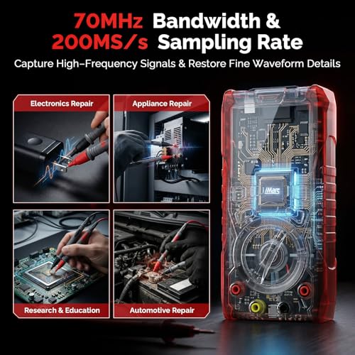 2-Kanal Handheld Oszilloskop, 70MHz Bandbreite, 3-in-1 Digitaloszilloskop Multimeter mit Signalgenerator, 200MSa/s Abtastrate, 20000 Counts, Typ-C Schnellladung, Rot
