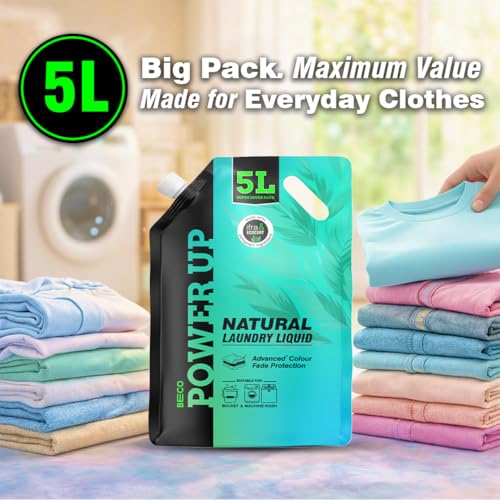 Image of Beco Power Up Laundry Detergent Liquid - 5 Ltr Refill Pack | Tough Stain Removal | Retains Brightness and Shine | Chemical Free | Suitable for both Machine and Bucket Wash