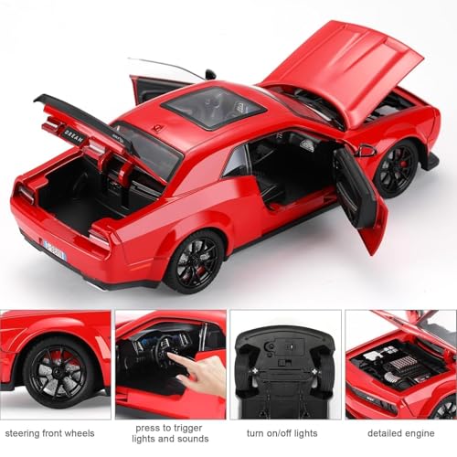 Image of WORSHIPER 1:24 Dodge Challenger SRT Exclusive Alloy Metal Pull Back Die-cast Car Model with Sound Light Mini Auto Toy for Kids for Toy Car with Sound and Light (1:24 Dodge Challenger - Red)