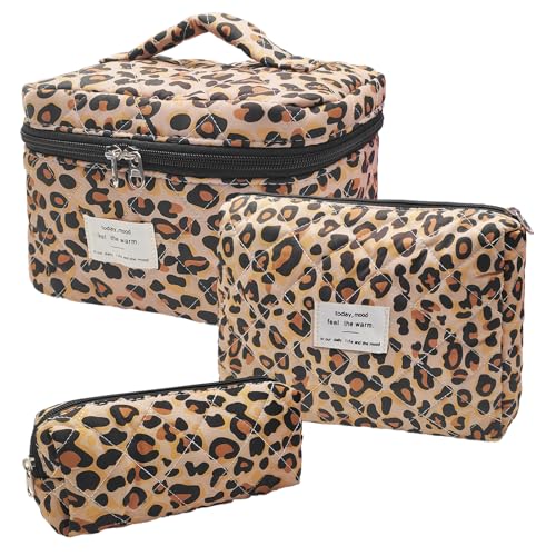 Cozomga Cute Cotton Quilted Makeup Bag Set, Large Travel Cosmetic Bag for Women, Big Make Up Bag with Toiletry Organizer, Aesthetic Storage for Daily Use & Travel(3pcs-Classicleopard)