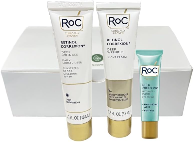 RoC Retinol Correxion NEW JUMBO SIZE Value Set, Deep Wrinkle Daily Moisturizer SPF 30 1.3 OZ + Anti-Aging Night Cream 1.3 OZ + Multi Correxion Hydrate Plump Eye Cream 0.4 OZ for Women & Men