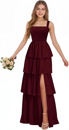 Junior Bridesmaid Dresses for Girls Chiffon Flower Girl Dress for Wedding Guest Tiered Formal Gowns with Slit
