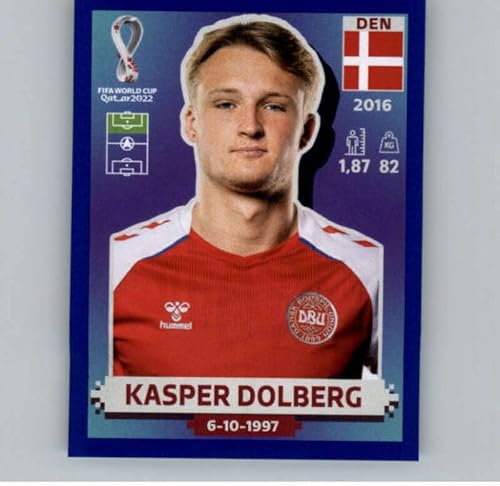 2022 Panini World Cup Qatar Stickers Blue #DEN17 Kasper Dolberg Denmark Group D Official Album Sticker (2 inch X 2.5 Inch) in Raw (NM or Better)