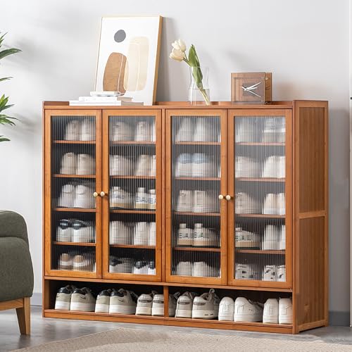 Schuhregal aus Holz mit 7 Ebenen und Rattantüren, elegante braune...