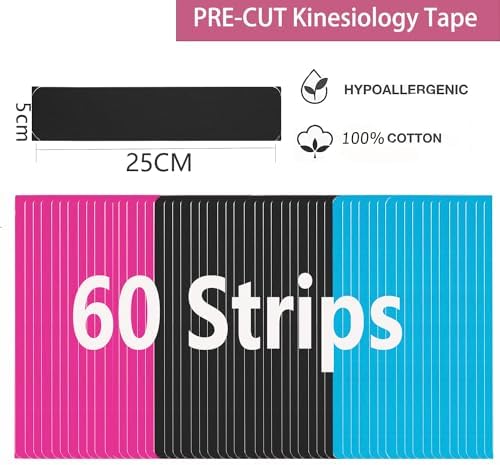 Kinesiology Tape Precut (3 Rolls,60 Precut Strips) Waterproof Sports & Athletic tape for Athletes - Physio Elastic Sports Tape Pain Relief Adhesive for Muscles Shin Splints Ankle Neck Knee & Shoulder 5m (Mixed color) - 1
