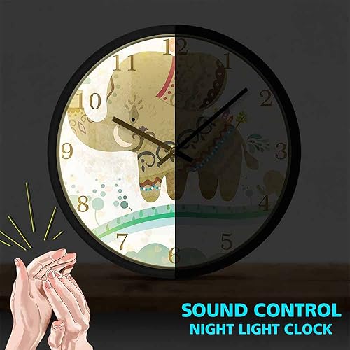 Miniatura 2 de Little Animals - Reloj de pared de elefantes de dibujos animados con control de sonido, luz nocturna LED, marco de metal, movimiento silencioso,