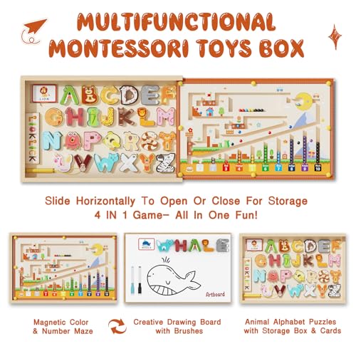 LIOKLICK 4-in-1 Magnetic Color and Number Maze, ABC Animal Alphabet Puzzles with Drawing Board, Wooden Montessori Toy Storage Box for 3-5 Year Old, Toddler Educational Learning Toy for Kids Boys Girls — view 2